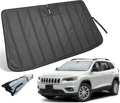 Thickened Windshield Sun Shade for Jeep Cherokee SUV 2014-2023 | Accordion Front Window Sunshade Aluminum Reflective UV Protection Shield, Foldable Sun Visor with Storage Bag Car Accessories
