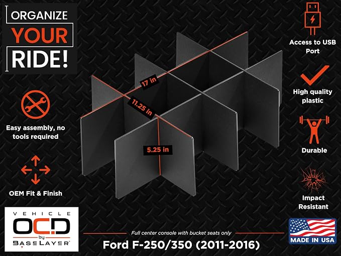 Vehicle OCD - Center Console Organizer for Ford F250 / F350 SuperDuty (2011-2016) (Full Console w/Bucket Seats ONLY) - Made in USA - SLX120