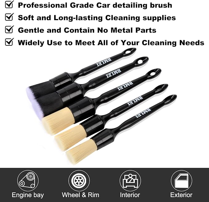 BMLEI 5pcs Car Detailing Brushes Set, Boars Hair Auto Car Detail Brush Kit No Scratch, Ultra Soft Car Duster Brushes Perfect for Interior, Exterior Cleaning, Wheels,Tires,Leather Seats…