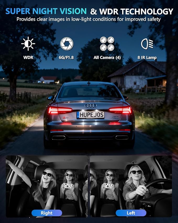 HUPEJOS AI Dash Cam Front Rear Inside with Driver Monitor System, 360° Car Camera 4K, 4 Channel Camera for Cars, WiFi GPS, Dashcam 64GB SD Card, Night Vision, 24H Parking Mode, Upgrade DMS V8Plus