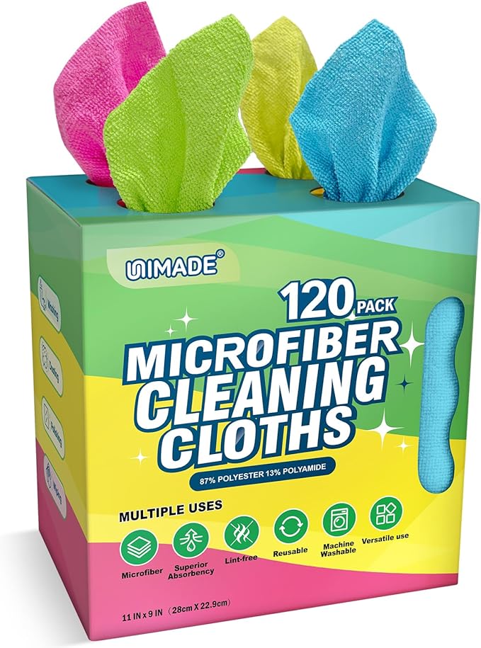 UNIMADE Microfiber Cleaning Cloth, 120 Pack Reusable Paper Towels Microfiber Towels for Cars Lint Free Shop Rags with for Home Kitchen Automotive, 11"x 9", Pink & Yellow & Green & Blue