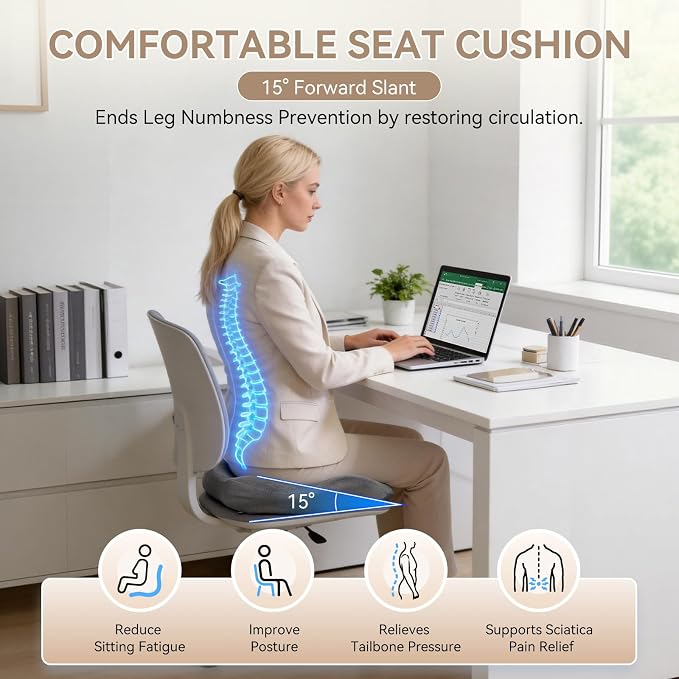 Memory Foam Seat Cushion with Pressure Relief for Office Chair, Car, Wheelchair, and Sofa, Doctor Recommended Orthopedic Cushion for Tailbone Pain, Sciatica, Hip Back Support, Non Slip, Grey