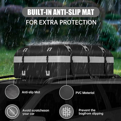 Car Rooftop Cargo Carrier Bag, 30 Cubic Feet Waterproof Soft-Shell Car Roof Bag for All Vehicle with/Without Rack, Include Anti-Slip Mat, Reinforced Straps, Door Hooks Luggage Lock (Grey)