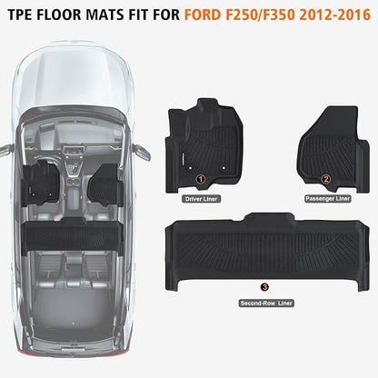 All Weather Car Floor Mats for Ford F250 F350 F450 2012-2016 Super Duty Crew Cab Without Manual Transfer Case Shifter, TPE Rubber Floor Liners Anti-Slip Automotive Mats for F250 F350 Accessories
