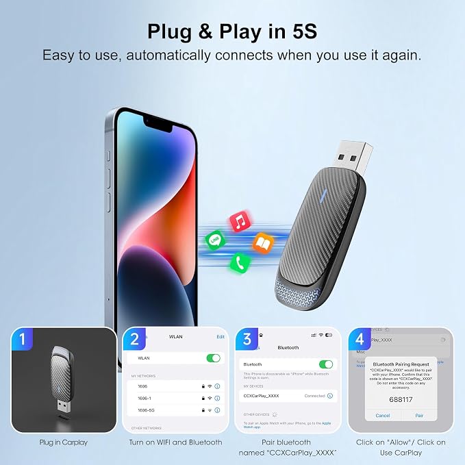 Wireless Carplay Adapter for iPhone, Convert Wired to Apple Carplay Wireless Adapter, Mini Size with Bluetooth 5.30 WiFi 2.4/5.8 GHz, Plug and Play, Connection Stable No Delay