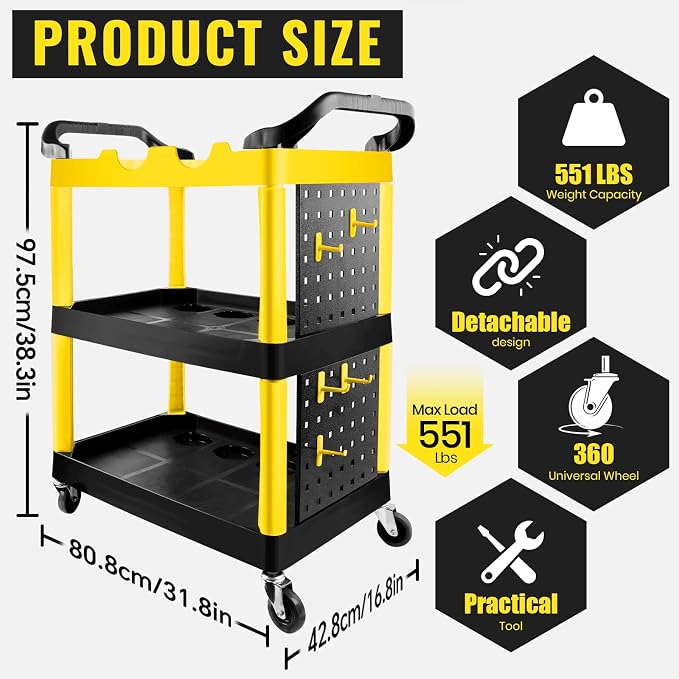 Auto Detailing Cart with Wheels, 3 Tier Car Detailing Cart with Hanging Boards & Hooks, Car Wash Rolling Organizer Cartfor Garage Workshop DIY Home