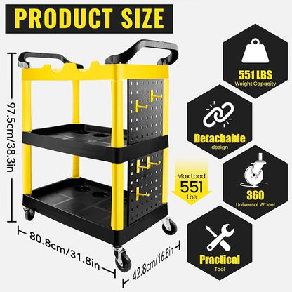 Auto Detailing Cart with Wheels, 3 Tier Car Detailing Cart with Hanging Boards & Hooks, Car Wash Rolling Organizer Cartfor Garage Workshop DIY Home