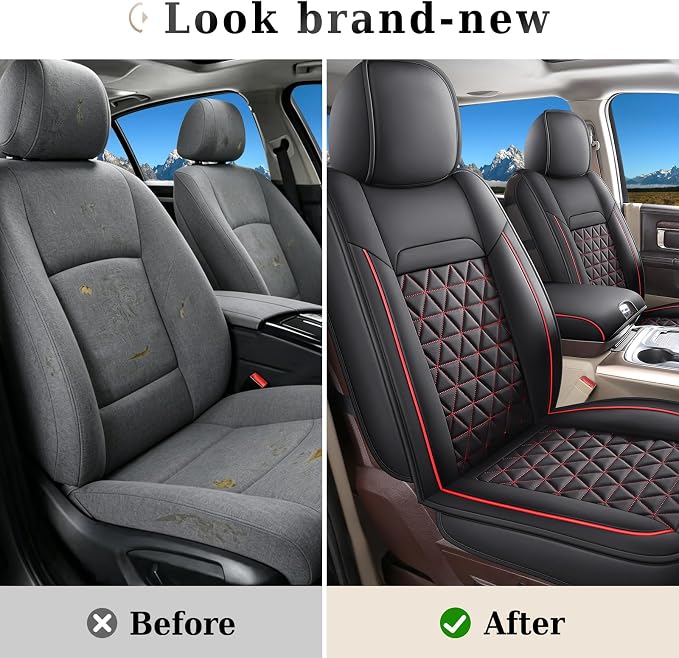 Coverado Seat Covers for Dodge Ram, Waterproof Front Car Seat Covers for Truck Compatible with 2002-2026 Dodge Ram 1500 2500 3500 Crew Double Mega Quad Cab(Black&Red line)