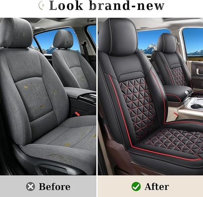 Coverado Seat Covers for Dodge Ram, Waterproof Front Car Seat Covers for Truck Compatible with 2002-2026 Dodge Ram 1500 2500 3500 Crew Double Mega Quad Cab(Black&Red line)