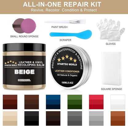 STARTSO WORLD 200Ml Leather Recoloring Balm with 100ML Leather Conditioner, Beige Leather Repair Kit for Furniture, Leather Dye, Leather Scratch Repair, Leather Couch Paint