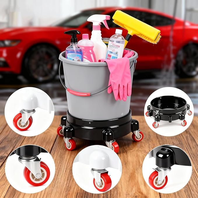 1 Pc 5 Gallon Bucket Dolly 11 Inch 1 Black Set | 1 car Washing Glove 5 Heavy Duty Wheel Casters 360°Rolling Connectable Locking Black Set for Car Wash Garden & Garage
