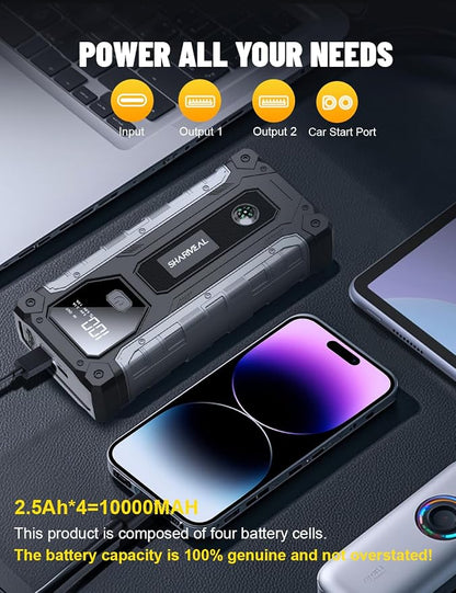 Sharmeal Car Jump Starter 6500A, Jump Starter Battery Pack for All Gas and 10.0L Diesel, 12V Portable Jump Box with LED Light