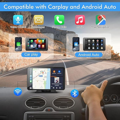 7" HD Portable Wireless Carplay Screen for Car, Touch Double Din Car Stereo with Apple Car Play & Android Auto, GPS, Voice Control, Mirror Link, Bluetooth Hands-Free, Multimedia Player for Vehicles