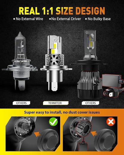 Termitor Upgraded H4/9003/HB2 Bulbs, 50,000LM 10X Super Bright, 1:1 Mini Size 6500K Cool White IP68 Waterproof Automotive Replacement H4 9003 Fog Lights, Quick Installation, Pack of 2