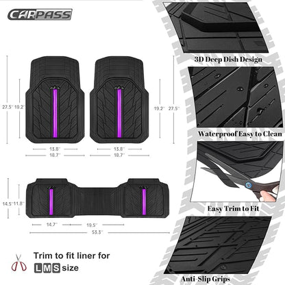 CAR PASS Rubber Floor Mats for Cars, Car Mats Full Sets DeepDish,Universal S~L Size Trim-to Fit Automotive Floor Mat for Truck Van SUV, Heavy Duty Waterproof All-Weather Floor Liners Black Purple