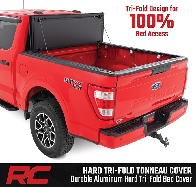 Rough Country Hard Flip-Up Truck Bed Tonneau Cover for Ford F-150 (2015-2020) - Flush Folding Aluminum Bed Cover