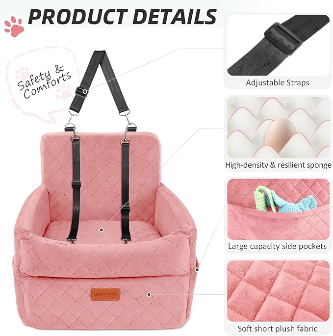 HEGGCOOE Dog Car Seat for Small Medium Dogs, Memory Foam Puppy Dog Booster Seat with Thick Cushion for Dogs Under 35lbs, Detachable Washable Pet Car Seat Travel Bed with Storage Pockets,2 Safety Belts