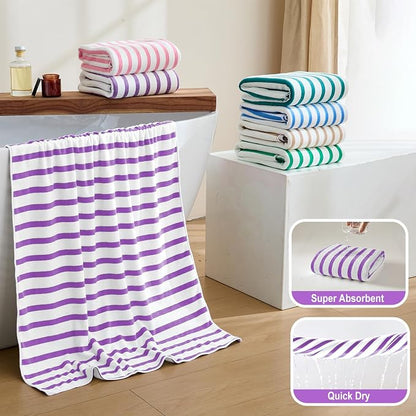 JML Microfiber Beach Towels, 6 Pack, 27" x 55", Large Bath Towel Set for Adult- Cabana Stripe - Absorbent, Quick Drying Lint-Free, No Fading for Summer Party, Pool, Sport, Yoga, Swimming, Purple