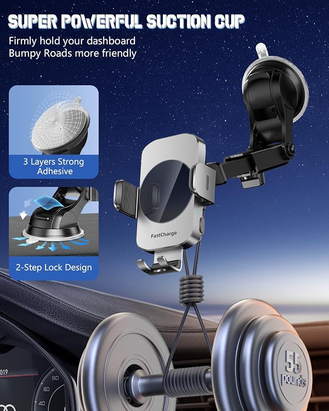 3-in-1 Wireless Car Charger Mount, 15W Fast Charging Auto-Clamping Phone Holder for iPhone 17 16 15 14, Samsung Galaxy S24 S23, Dashboard, Vent & Windshield Car Mount(Space Grey)