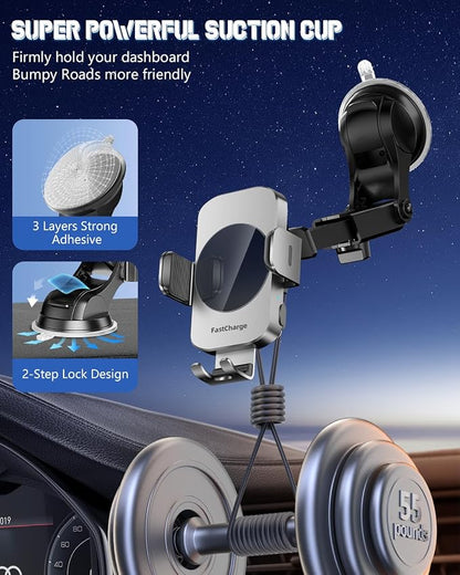 3-in-1 Wireless Car Charger Mount, 15W Fast Charging Auto-Clamping Phone Holder for iPhone 17 16 15 14, Samsung Galaxy S24 S23, Dashboard, Vent & Windshield Car Mount(Space Grey)