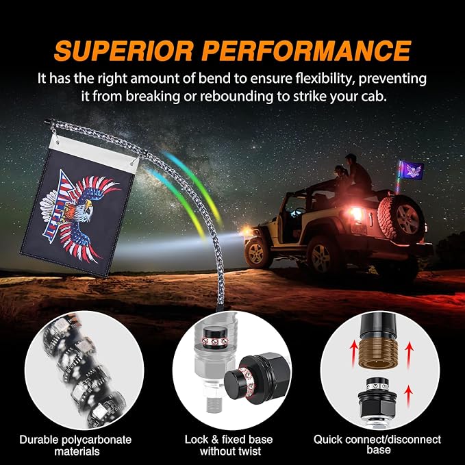 Nilight RGB Whip Light 1PC 3FT Lighted Antenna Whips with Remote & App Control DIY Chasing Patterns Brake Reverse Lights for ATV UTV Polaris RZR Can-am Dune Buggy Pickup Trucks Jeep