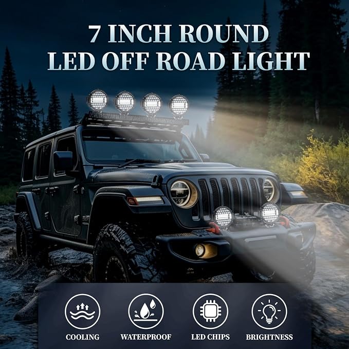 Off Road LED Lights - 7 Inch 201W Round LED Offroad Work Light Pods, 12000LM Combo Beam Truck Light Bar for Tractor 4X4 ATV UTV SUV Pickup (Pack of 2 Black with Wiring)