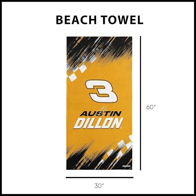 Northwest NASCAR Austin Dillon Simple Speed Beach Towel, Cotton Blend Lightweight Bath, Pool Swim Travel Fan Gear, 30 x 60 Inch