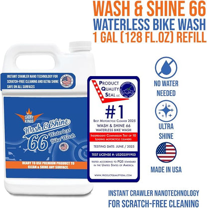 Shinykings Motorcycle Cleaner Wash&Shine 66 | WATERLESS BIke Wash with Ultra Shine Finish | Powerful Motorcycle Detailing Spray for All Surfaces | Bike Cleaner California | 1 Gallon