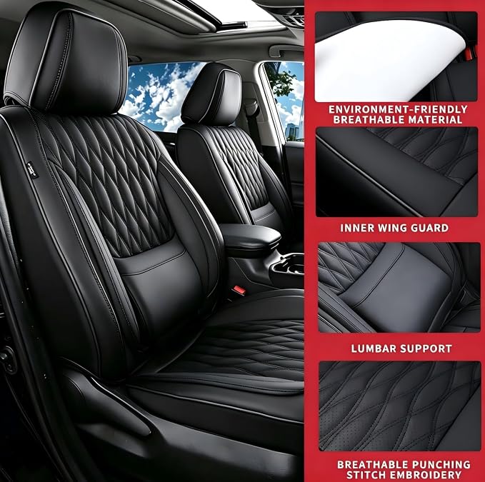 Car Seat Covers , Luxury Breathable Waterproof Faux Leatherette Car Seat Covers Cushion Protectors with Lumbar Support, Car Seat Cushion, Universal Fit Most Cars (FULL BLACK, Full Set - 5 Seats)