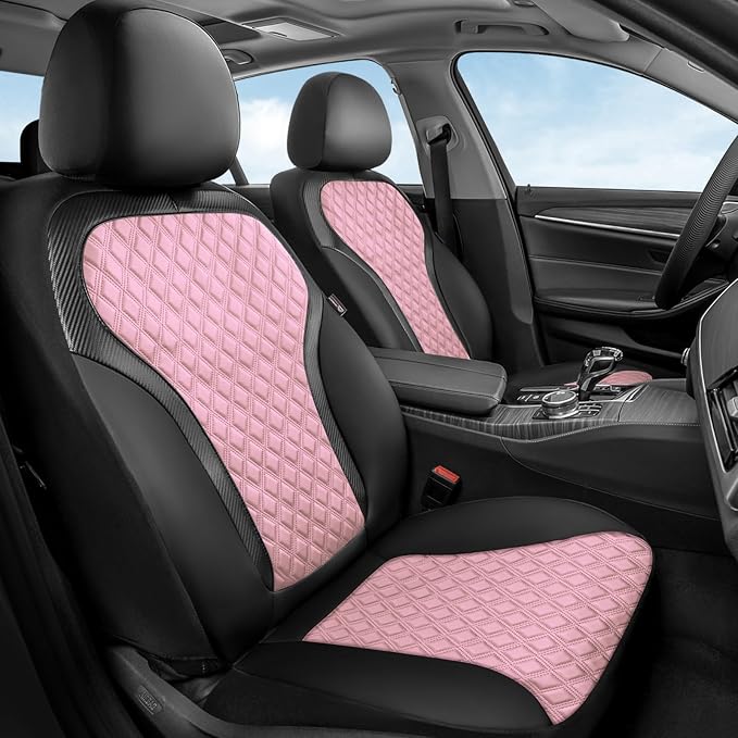 Coverado Seat Covers Front Seats, 2-Pack Luxury Diamond Leather Car Seat Cover, Sports Carbon Fiber Design Waterproof Car Seat Protector, Black Pink Automotive Seat Covers Universal Fit Most Cars