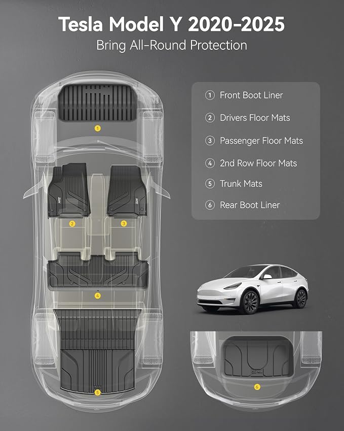 3W Tesla Model Y Floor Mats 2020-2024(Not for Juniper), TPE Floor Liner, Cargo Liner Custom Fit Model Y Accessories All Weather Black, 5-Seater