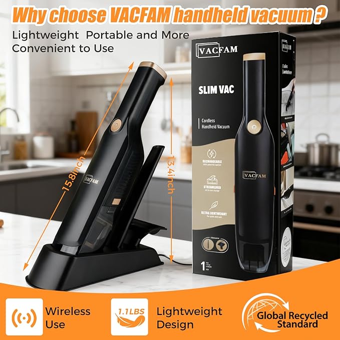 Handheld Vacuum Cordless,Dust Busters Cordless with Storage Dock,15KPA High Power Portable Vacuum Vordless,USB Quick Charge,Mini Vacuum with Multi-Nozzles & Washable Filter，Black