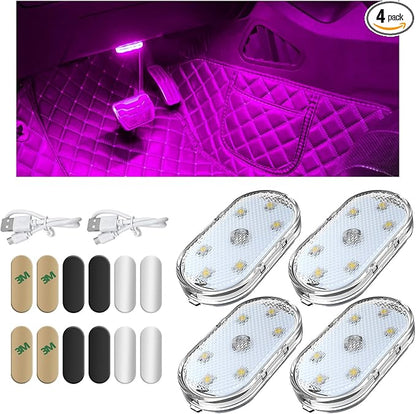 KVAEY 4 PCS Car LED Lights Interior Wireless, 7 Colors Magnetic Auto Ambient Light with 6 Bright LED Lamp Beads, Portable USB Rechargeable Vehicle Interior Led Night Light (Pink, Magnetic, 4pcs)