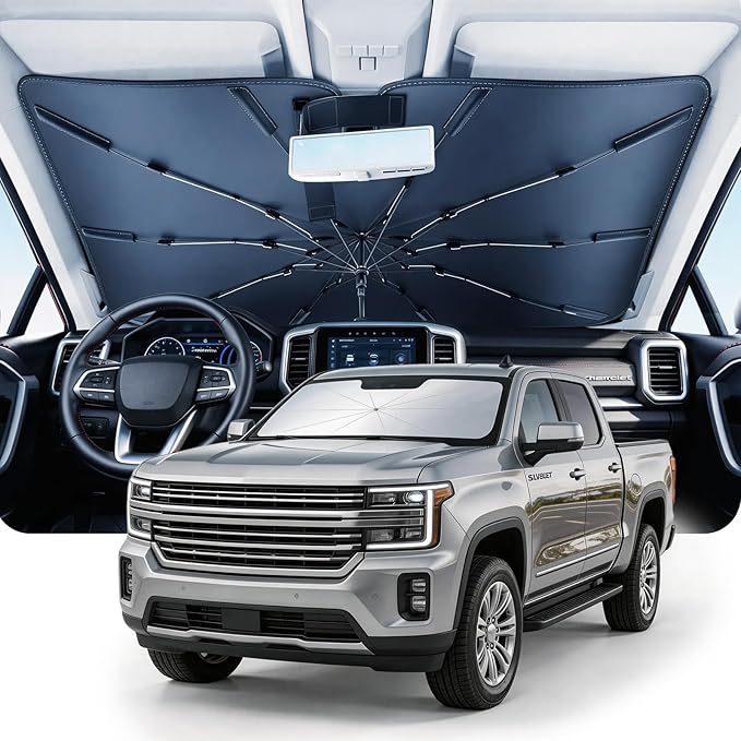 DMJN Umbrella Windshield Sun Shade for Chevy Silverado (2011-2026), Car Sunshade for Front Windshield [Nano Ice-Crystal Coatings] UPF50+ Heat & UV Block, Protect Interior & Keep Cooler
