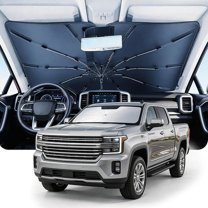 DMJN Umbrella Windshield Sun Shade for Chevy Silverado (2011-2026), Car Sunshade for Front Windshield [Nano Ice-Crystal Coatings] UPF50+ Heat & UV Block, Protect Interior & Keep Cooler
