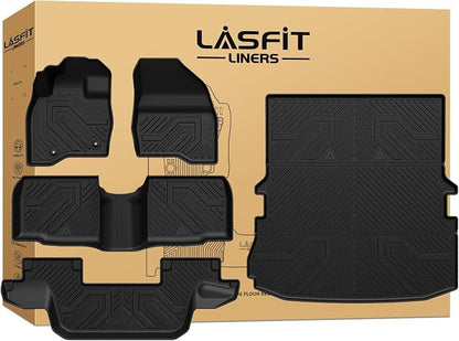 LASFIT Floor Mats & Cargo with Backrest Mat for Ford Explorer 2015-2019 7 Seats All Weather Protector TPE Easy Clean Car Floor Liner Custom Fit for 5-pc Full Set Black