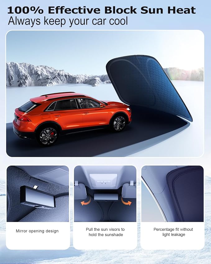 DMJN Front Windshield Sun Shade for Dodge RAM (2009-2018), [Nano Ice-Crystal Coatings] UPF50+ Heat & UV Block, Protect Car Interior & Keep Cool, Flodable Steel-Ring Car Cover for Summer