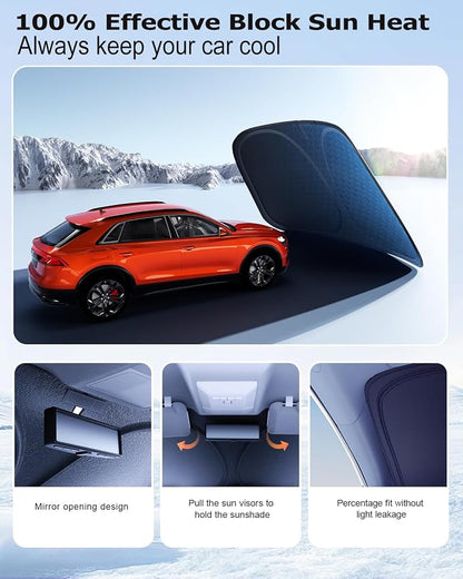 DMJN Front Windshield Sun Shade for Dodge RAM (2009-2018), [Nano Ice-Crystal Coatings] UPF50+ Heat & UV Block, Protect Car Interior & Keep Cool, Flodable Steel-Ring Car Cover for Summer