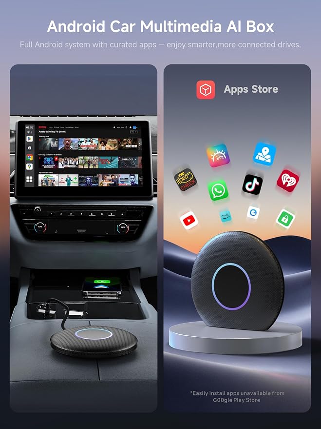 Magic Box CarPlay & Wireless Android Auto Adapter, Full Android OS, Built-in 4G LTE, AI Box Adapter, Plug & Play, Drivechat with AI Skills, WiFi, Bluetooth, Fits for OEM Wired CarPlay Cars