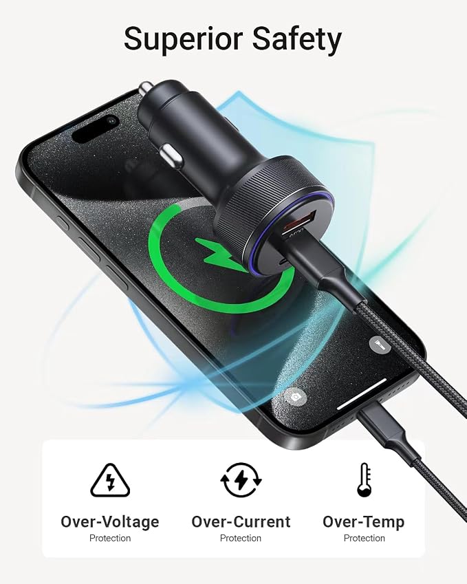USB C Car Charger,90W 3-Port Dual USB-C & USB-A Car Power Adapter,Includes a Fast Charging Cable for iPhone 16/15/14/13/12/11/Pro Max, iPad, Samsung Galaxy, Google Pixel and Android Devices