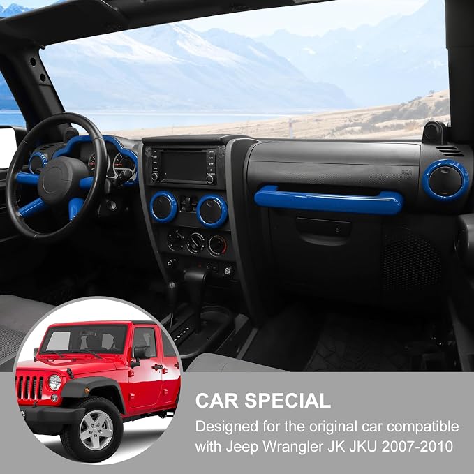 Jimen Compatible with Jeep Wrangler JK & Unlimited 2007-2010, 10PCS Center Console Dashboard Panel Trim & Air Conditioning Vent & Co-Pilot Handle Bar Overlays (Blue)