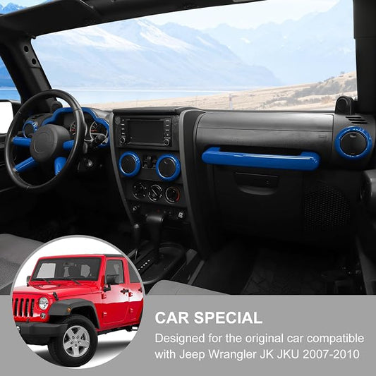 Jimen Compatible with Jeep Wrangler JK & Unlimited 2007-2010, 10PCS Center Console Dashboard Panel Trim & Air Conditioning Vent & Co-Pilot Handle Bar Overlays (Blue)