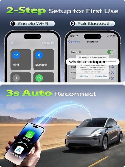 Mini Wireless CarPlay Adapter for Apple iPhone & Android Auto - Convert Wired to Wireless, Gold-Plated USB, Fast, Stable & Auto Reconnect in 5 Seconds, for OEM Wired Apple CarPlay Cars 2016+