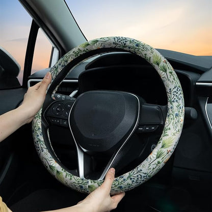 Faux Embroidery Flowers Steering Wheel Cover Auto Steering Wheel Protector, Anti-Slip, Breathable, Absorbing Sweat, Universal Floral Car Accessories 14.5–15 inch,Fit for Most Car, Trucks, SUV