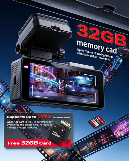 𝟒𝐊+𝟐.𝟓𝐊 Dash Cam Front and Rear, Free Card Included, 5.8GHz WiFi-25MB/s Fast Download, Dash Camera for Cars with WDR,F1.4 Large Aperture Super Night Vision,3.69-inch IPS LCD, 24H Parking Mode