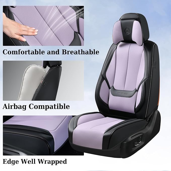 Coverado Universal Seat Covers Front, Universal Seat Covers for Cars, 2-Pack Waterproof Nappa Leather Car Seat Covers with Head Pillow, Auto Protectors Fit for Most Sedans SUV Truck-Black&Purple