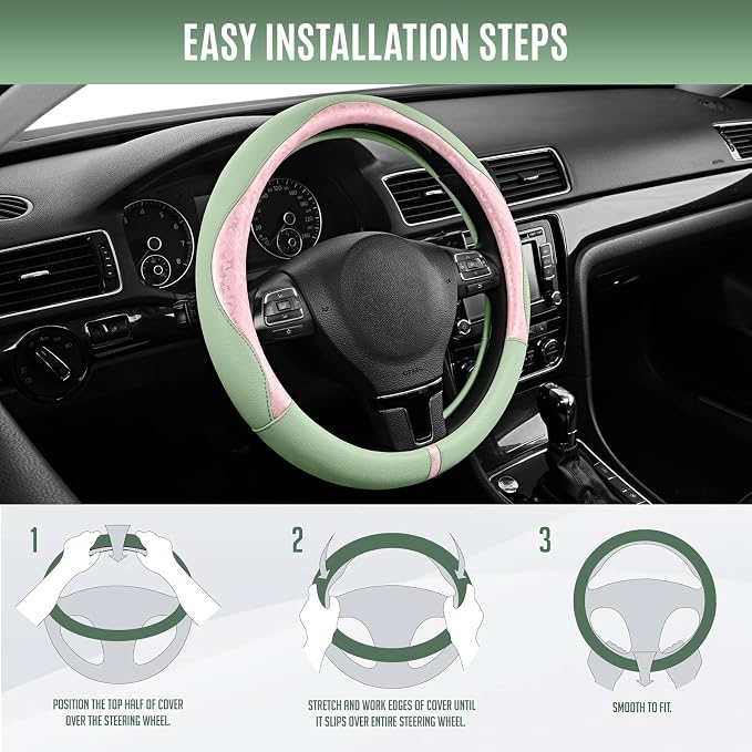 PIC AUTO Steering Wheel Cover, Pink Patterned & Green Leather Patchwork Design, Universal Fit 14.5"–15.5", Anti-Slip, Odor-Free, Soft PU Grain Leather, Durable Grip Car Accessory for Girls & Women