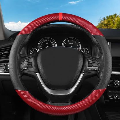 Black & Red Carbon Fiber Leather Steering Wheel Cover, 14.5-15 Inch Non-Slip Breathable Microfiber Leather Car Steering Wheel Protector for Men Women