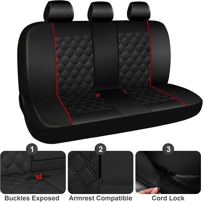 CAROMOP Luxury PU Leather Car Seat Covers Full Set-Waterproof Seat Protectors with Split Bench Seat Covers for Cars-Universal Cars Interior Covers for Sedans, SUVs, Pick-up Trucks (Black/Red Line)
