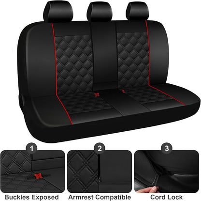 CAROMOP Luxury PU Leather Car Seat Covers Full Set-Waterproof Seat Protectors with Split Bench Seat Covers for Cars-Universal Cars Interior Covers for Sedans, SUVs, Pick-up Trucks (Black/Red Line)